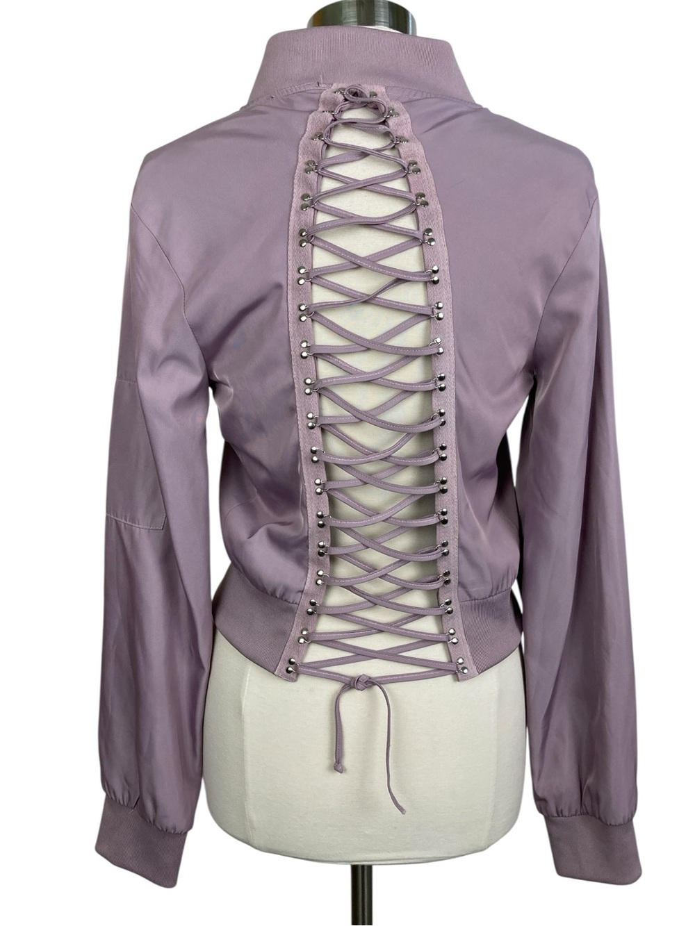 WOW Couture Dusty Lilac Bomber Jacket Back Lace Up, Size Large